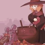  1girl :3 absurdres alchemy beaker black_robe brown_hair can cauldron closed_mouth english_commentary flask funnel hat highres holding holding_can jerry_can long_sleeves medium_hair notfuji original pentagram pouring purple_background retort retort_stand robe safety_glasses solo witch_hat 
