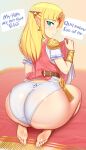  1girl absurdres artist_name ass barefoot belt blonde_hair bracelet carpet diadem english_commentary english_text feet gem green_eyes highres huge_ass jewelry long_hair looking_back nisetanaka panties pointy_ears princess_zelda seiza sitting soles solo speech_bubble sweatdrop the_legend_of_zelda thick_thighs thighs toes triforce_earrings triforce_print underwear white_panties 
