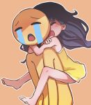  1girl 1other barefoot black_hair blush colored_skin commentary crying crying_emoji dress emoji english_commentary fang headlock highres medium_hair meme open_mouth orange_background orenji_(orenjipiiru) original outline simple_background uohhhhhhhhh!_(meme) white_outline yellow_dress yellow_skin 