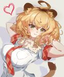  1girl absurdres ahoge almondrake animal_ear_fluff animal_ears arm_behind_head arms_up bangs big_hair blonde_hair breast_pocket breasts brown_hair fur_collar hair_between_eyes hand_in_own_hair heart highres kemono_friends large_breasts lion_(kemono_friends) lion_ears lion_girl lion_tail looking_at_viewer multicolored_hair necktie parted_lips plaid plaid_necktie plaid_sleeves plaid_trim pocket shirt short_sleeves smile solo tail two-tone_hair upper_body white_shirt yellow_eyes 