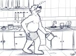  anthro beverage bottomwear clothing coffee eyes_closed head_tuft holding_mug holding_object kitchen male mammal monochrome mug nipples open_mouth overweight overweight_anthro overweight_male pache_riggs shadow shorts side_view signature sketch solo teeth tired tongue tuft ursid 