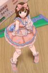  1girl absurdres amami_haruka blurry breasts brown_hair ch2haya_p character_doll closed_mouth depth_of_field detached_sleeves doll_joints dress figure frilled_dress frills from_above full_body gloves green_eyes hair_ribbon hand_up highres idolmaster idolmaster_(classic) idolmaster_starlit_season joints looking_at_viewer miniature model model_kit pink_dress pink_footwear pink_ribbon puffy_sleeves ribbon shoes short_hair solo standing table toy white_gloves 