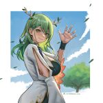  1girl absurdres blue_sky braid breasts ceres_fauna ceres_fauna_(1st_costume) closed_mouth commentary earrings english_commentary flower from_side green_hair hair_flower hair_ornament highres hololive hololive_english jewelry large_breasts leaf long_hair looking_at_viewer mole mole_under_eye seventeencrows sky smile solo tree virtual_youtuber waving yellow_eyes 