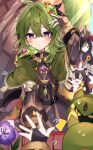  :d bangs blurry blurry_background blurry_foreground bridal_gauntlets depth_of_field expressionless fang fingerless_gloves genshin_impact gloves green_hair hair_between_eyes hand_up highres long_hair multiple_girls o_o pov pov_hands purple_eyes skin_fang smile yunomi_(1126js03cono) 
