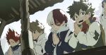  4boys aqua_eyes bakugou_katsuki black_jacket black_scarf blonde_hair boku_no_hero_academia closed_eyes closed_mouth freckles furrowed_brow green_hair grey_eyes hair_between_eyes heterochromia highres hood hood_down hoodie jacket kirishima_eijiro konekutozzzzz light_smile male_focus midoriya_izuku multicolored_hair multiple_boys open_mouth out_of_frame own_hands_together praying red_eyes red_hair rope scar scar_across_eye scarf short_hair shrine smile spiked_hair striped_clothes striped_scarf todoroki_shoto two-tone_hair upper_body white_hair white_hoodie winter_clothes 