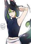  absurdres animal_ear_fluff animal_ears arms_behind_head arms_up asymmetrical_sleeves bangs black_hair earrings english_text fox_boy fox_ears fox_tail genshin_impact godwkgodwk green_eyes green_hair green_nails highres jewelry looking_at_viewer male_focus multicolored_hair nail_polish simple_background single_earring solo streaked_hair tail tighnari_(genshin_impact) tongue uneven_sleeves white_background 