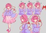  2girls black_bow blush_stickers bow braid closed_eyes closed_mouth dress eyeball frilled_dress frilled_sleeves frills grey_background hair_bow hair_ornament hairband heart highres kaden_(muxt8423) kaenbyou_rin komeiji_satori long_sleeves looking_at_viewer multiple_girls multiple_views pink_eyes pink_footwear pink_hair purple_shirt red_eyes red_hair shirt simple_background skirt slippers third_eye touhou translation_request twin_braids wide_sleeves 