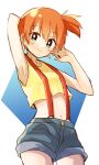  1girl armpits bangs bare_arms blush closed_mouth commentary_request green_eyes grey_shorts highres looking_at_viewer mani_(second-dimension) misty_(pokemon) navel orange_hair pokemon pokemon_(anime) pokemon_(classic_anime) shirt short_hair short_shorts shorts sleeveless sleeveless_shirt smile solo suspenders yellow_shirt 