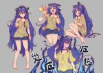  1girl bare_shoulders barefoot black_choker blue_eyes blue_hair blue_shorts blush bow bra_strap bracelet breasts choker cleavage closed_eyes full_body grey_background hair_between_eyes hair_bow happy highres ice_cream_cone jewelry kaden_(muxt8423) long_hair looking_at_viewer multiple_views short_sleeves shorts simple_background sitting small_breasts sunglasses touhou unworn_eyewear very_long_hair yorigami_shion 