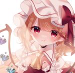  1girl alternate_wings ascot backlighting blonde_hair cacao_(cacaomgmg) clenched_hands closed_mouth collared_shirt flandre_scarlet frilled_shirt_collar frilled_skirt frilled_sleeves frills hat looking_at_viewer medium_hair mob_cap pout puffy_short_sleeves puffy_sleeves purple_eyes red_skirt red_vest shirt short_sleeves simple_background skirt solo touhou upper_body vest white_background white_headwear white_shirt wings wrist_cuffs yellow_ascot 