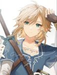  1boy animal bangs blonde_hair blue_eyes blue_tunic closed_mouth ear_piercing fingerless_gloves gloves hair_between_eyes highres holding jewelry link mada_(shizhou) male_focus piercing pointy_ears rabbit sample_watermark sheikah_slate simple_background solo sword the_legend_of_zelda the_legend_of_zelda:_breath_of_the_wild tunic upper_body weapon weapon_on_back white_background 