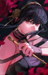  1girl artist_name bare_shoulders black_hair dark_background flower hair_over_eyes highres holding holding_knife knife long_hair looking_at_viewer oretsuu red_eyes rose simple_background solo spy_x_family upper_body yor_briar 