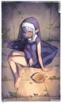  1girl absurdres bangs barefoot bingwei_huang blue_hair bowl closed_mouth coin feet highres legs looking_at_viewer nun original pointy_ears sitting soles solo toes weeds yellow_eyes 