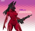  2016 android anthro armor assault_rifle big_breasts black_hair breasts camel_toe canid canine canis clothing cybernetics english_text female gun hair headgear helmet holding_object holding_ranged_weapon holding_weapon jackal jooshy latex latex_clothing looking_at_viewer machine mammal nipple_outline ranged_weapon red_bodysuit red_eyes red_latex red_rubber red_rubber_suit rifle robot rubber rubber_clothing rubber_suit solo standing text weapon 