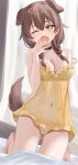  1girl absurdres alternate_costume animal_collar animal_ears animal_print ass_visible_through_thighs babydoll bare_shoulders black_collar bone_print braid breasts brown_eyes brown_hair brown_tail cleavage collar covered_navel curtains dog_ears dog_girl dog_print dog_tail dutch_angle fang food_print frilled_babydoll furrowed_brow hair_between_eyes hand_up highres hololive indoors inugami_korone kneeling large_breasts long_hair looking_at_viewer low_twin_braids maverick_(mvk_088) on_bed one_eye_closed open_mouth panties see-through_clothes skin_fang sleepwear solo strap_slip tail twin_braids underwear virtual_youtuber yawning yellow_babydoll yellow_panties 