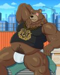 4:5 absurd_res angry angry_eyebrows anthro armpit armpit_showing bear belly belly_peeking_out ben_bigger big_belly big_breasts big_bulge big_pecs breasts brown_body brown_fur bulge city city_background cityscape claws clothing construction_equipment construction_worker eye_scar facial_scar fur furry_neck gold_(metal) gold_jewelry hi_res jewelry laying_on_arm looking_at_viewer male mammal mihoyo navel neck_chain necklace neruk overweight panty_peek pecs pubes scar sitting sleeping sleeveless_shirt snout solo sound_effects underwear vowelless vowelless_sound_effect zenless_zone_zero zzz