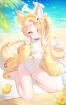  1girl :o above-cleavage_cutout absurdres animal_ear_fluff animal_ears bare_shoulders beach blonde_hair blue_archive blush breasts bright_pupils clenched_hand clothing_cutout commentary covered_navel day diamond_cutout extra_ears eyewear_on_head flower fox_ears fox_girl fox_tail full_body gradient-tinted_eyewear green_eyes halo hand_up highres jacket kooriais long_hair long_sleeves looking_at_viewer multicolored_eyes ocean off_shoulder official_alternate_costume official_alternate_hairstyle one-piece_swimsuit open_mouth outdoors parted_bangs pink_eyes red-tinted_eyewear sandals seia_(blue_archive) seia_(swimsuit)_(blue_archive) side_ponytail sidelocks sitting small_breasts solo sunglasses swimsuit tail thighs tinted_eyewear toes two-tone_eyes very_long_hair visor_cap wariza water white_one-piece_swimsuit white_pupils yellow_halo yellow_jacket yellow_sandals yellow_visor 