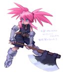  1girl armored_boots axe belt black_shirt blue_eyes boots brown_belt closed_mouth commentary_request dagger full_body gauntlets highres holding holding_axe knife kumedaira pink_hair presea_combatir shirt solo tales_of_(series) tales_of_symphonia translation_request twintails weapon 