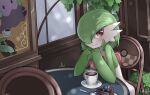  1girl absurdres artist_name berry_(pokemon) blurry blurry_foreground blush bob_cut cafe cake cake_slice chair chinese_commentary closed_mouth coffee collarbone colored_skin commentary_request cup day food gardevoir goomy green_hair green_skin gresy hair_over_one_eye hands_up happy highres ivy latte_art leppa_berry looking_at_viewer multicolored_skin on_chair one_eye_covered oran_berry outdoors own_hands_together plate pokemon pokemon_(creature) pokemon_legends:_z-a red_eyes saucer short_hair signature sitting smile solo spoon steam table teacup two-tone_skin upper_body white_skin 