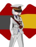  1girl bird cross eagle falangies gold_medal green_eyes hat highres iron_cross keibu_sensei_(sbk) medal military_hat military_uniform nazi non-web_source original red_sash sash short_hair spain spanish_falange white_hair 