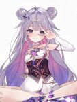  1girl absurdres black_corset castellayaki chest_jewel colored_inner_hair corset detached_collar detached_sleeves double_bun dress gem gradient_hair grey_hair hair_bun hashtag-only_commentary highres hololive hololive_english indian_style jewel_under_eye koseki_bijou koseki_bijou_(1st_costume) long_hair looking_at_viewer material_growth multicolored_hair pink_hair purple_eyes purple_gemstone purple_hair simple_background single_detached_sleeve sitting solo v v_over_eye very_long_hair virtual_youtuber white_background white_dress 