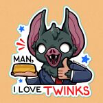  1boy animal_ears bat_boy bat_ears blue_suit coconutbiko dispatch english_commentary english_text fangs food highres holding holding_food male_focus necktie open_mouth red_necktie shirt smile sonar_(dispatch) star_(symbol) suit thumbs_up twinkies upper_body white_shirt 