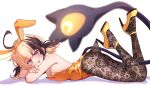  1girl :d absurdres alternate_costume animal_ear_hairband animal_ears ass backless_leotard bare_arms bare_shoulders black_pantyhose breasts brown_hair cleavage commentary_request cyanzan fake_animal_ears feet_up floral_print_pantyhose from_side full_body gigi_murin hairband high_heels highres hololive hololive_english lace_pantyhose lace_pantyhose_hooked_on_heel_(meme) leotard looking_at_viewer lying meme multicolored_hair on_stomach open_mouth pantyhose pink_eyes rabbit_ear_hairband rabbit_ears see-through_pantyhose shoes short_hair short_twintails simple_background small_breasts smile solo strapless strapless_leotard strappy_heels tail tail_through_clothes the_pose twintails two-tone_hair virtual_youtuber white_background yellow_leotard yellow_shoes 