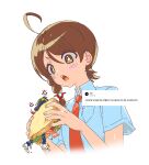  +_+ 2girls 5oh5s2 absurdres ahoge anger_vein black_hair blush braid brown_hair carmine_(pokemon) collared_shirt food hairband highres holding juliana_(pokemon) multiple_girls naranja_academy_school_uniform necktie open_mouth orange_necktie pokemon pokemon_sv sandwich school_uniform shirt short_sleeves yellow_hairband 