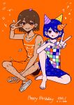  +++ 2025 2boys :d :q absurdres alternate_eye_color arm_between_legs bare_arms bare_legs bare_shoulders barefoot bright_pupils brown_hair character_name checkered_clothes checkered_shirt collarbone commentary confetti crossed_ankles dark-skinned_male dark_skin dated dot_nose double-parted_bangs dual_persona elbow_on_knee fingernails flat_color foreshortening full_body grin hair_behind_ear hair_between_eyes hand_up hands_up happy_birthday hat highres indian_style kel_(faraway)_(omori) kel_(headspace)_(omori) kel_(omori) knee_up komekopan_720 leg_hair looking_at_viewer male_focus multiple_boys multiple_hats omori orange_background orange_eyes orange_hat orange_shoes orange_shorts orange_tank_top party_hat purple_hair purple_hat purple_shorts shirt shoes short_hair shorts simple_background sitting sleeveless sleeveless_shirt smile sparkle star_(symbol) tank_top toenails toes tongue tongue_out v v-shaped_eyebrows v_over_mouth white_pupils yellow_hat 