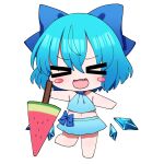  &gt;_&lt; 1girl :3 blinking blue_eyes blue_hair blue_skirt blush_stickers bow chibi cirno commentary fang food hair_between_eyes hair_bow holding holding_food holding_popsicle ice ice_wings looking_at_viewer medium_hair navel no_nose no_shoes open_mouth popsicle skirt smile solo star_(symbol) touhou watermelon_bar wings you_(noanoamoemoe) 