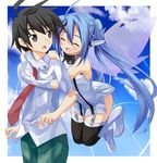  1girl black_hair blue_hair blush brown_eyes brown_hair closed_eyes hug hug_from_behind long_hair makai_no_koutaishi nymph_(sora_no_otoshimono) sakurai_tomoki school_uniform short_hair sora_no_otoshimono thighhighs twintails very_long_hair wings 