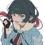  1girl animal_ears arm_up bea_lenoir black_gloves black_hair black_shirt blue_eyes blush bodystocking breasts ear_piercing earrings fingerless_gloves fur-trimmed_jacket fur_trim gloves grey_jacket hashtag-only_commentary highres jacket jane_doe_(zenless_zone_zero) jewelry large_breasts long_hair looking_at_viewer mouse_ears mouse_girl multicolored_hair open_mouth piercing red_hair red_nails see-through_clothes shirt simple_background solo upper_body white_background zenless_zone_zero 