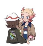  1boy 1girl ahoge blonde_hair blue_eyes blue_shirt brown_hair brown_jacket closed_mouth flipped_hair hand_up harmony_(pokemon) hat holding holding_poke_ball jacket long_sleeves love_ball open_clothes open_jacket poke_ball pokemon pokemon_legends:_z-a print_jacket print_shirt shirt simple_background sweat urbain_(pokemon) white_background white_hat xlii_idk 