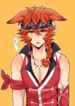  1boy absurdres animal_ears armband black_headband blush braid commentary_request ears_down ein_(mahjong_soul) fox_boy fox_ears headband highres jewelry koruri456 long_bangs looking_at_viewer mahjong_soul male_focus necklace open_mouth orange_background orange_hair pectoral_cleavage pectorals red_shirt shirt simple_background sleeveless sleeveless_shirt solo tenbou toned toned_male tooth_necklace translation_request twin_braids yellow_eyes 