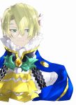  1boy alfred_(fire_emblem) ascot blonde_hair blue_cape cape circlet fire_emblem fire_emblem_engage gem green_eyes hair_between_eyes highres konnichi_warou male_focus orange_gemstone prince smile yellow_ascot 