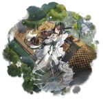  1girl animal arknights arm_behind_head bird black_horns boat brown_hair caustics closed_mouth coat duck five-fall flower freckles full_body green_nails green_ribbon green_theme hair_spread_out halo halo_behind_head highres horns jade_ring_ornament jian_(weapon) jieyun_(arknights) jieyun_(away_from_dust)_(arknights) light_smile looking_to_the_side lotus_leaf lying nature official_art on_back on_boat one_eye_closed outdoors pants parted_bangs pendant_choker ribbon sampan scabbard scenery sheath sheathed shoes simple_background smile solo sword sword_tassel tassel third-party_source transparent transparent_background transparent_umbrella umbrella water water_lily_flower watercraft weapon white_coat white_flower white_shoes yellow_eyes 