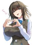  1girl :p absurdres aoi_erika black_hair blue_bow blue_bowtie blue_eyes bow bowtie breasts brown_hair brown_vest buttons collared_shirt double-breasted heart heart_hands heaven_burns_red highres large_breasts long_sleeves looking_at_viewer medium_hair negino_yurine plaid_clothes plaid_skirt red_skirt school_uniform shirt simple_background skirt solo tongue tongue_out upper_body vest white_background white_shirt 