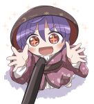  +_+ 1girl :d barefoot black_sash blush bowl bowl_hat chibi chibi_only commentary_request drooling food full_body hat japanese_clothes kimono long_sleeves obi open_mouth outstretched_arms pocky pocky_day purple_hair red_eyes red_kimono rokugou_daisuke sash short_hair signature simple_background smile solo sparkle standing sukuna_shinmyoumaru touhou white_background wide_sleeves 