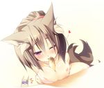  1girl animal_ears areolae breast_squeeze breasts fox_ears fox_tail grey_hair heart large_breasts multiple_tails nekomu nipples one_eye_closed original purple_eyes sexually_suggestive solo_focus tail 
