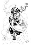  ballpoint_pen_(medium) branch cherry_blossoms dated fan flower greyscale hat japanese_clothes lineart monochrome mosho petals saigyouji_yuyuko short_hair signature solo touhou traditional_media 