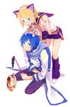  1girl akiyoshi_(tama-pete) animal animal_ears animal_on_head bad_id bad_pixiv_id blonde_hair blue_eyes blue_hair blue_scarf cat cat_ear_headphones cat_ears cat_on_head hair_ornament hairclip headphones kagamine_rin kaito on_head scarf short_hair simple_background smile vocaloid 