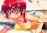  1girl :q blue_eyes braid breasts cleavage cum cum_on_body cum_on_hair cum_on_upper_body facial genderswap genderswap_(mtf) hachi_menou heart hetero medium_breasts penis ranma-chan ranma_1/2 red_hair saotome_ranma shirt shorts single_braid solo_focus tongue tongue_out uneven_eyes 