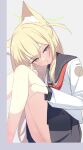  1girl :t absurdres animal_ear_fluff animal_ears black_sailor_collar black_skirt blonde_hair blue_archive blush bright_pupils closed_mouth commentary_request feet_out_of_frame fox_ears fox_girl from_side green_eyes green_halo grey_background hair_between_eyes halo hands_up highres hugging_own_legs knees_up kurumi_(blue_archive) long_hair long_sleeves looking_at_viewer miniskirt neckerchief pleated_skirt pout red_neckerchief ria_(52266382) sailor_collar school_uniform serafuku shirt sidelocks simple_background sitting skirt solo thighs two_side_up white_pupils white_shirt 