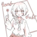  1girl :d anya_melfissa anya_melfissa_(indonesian_casual) belt belt_buckle braid buckle collarbone collared_shirt commentary english_commentary flower fong_(fongthe0125) hair_over_shoulder hand_up highres holding holding_flower hololive hololive_indonesia long_hair looking_at_viewer milestone_celebration monochrome rose shirt single_braid skirt smile solo virtual_youtuber white_background 