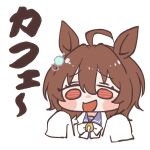  1girl agnes_tachyon_(umamusume) ahoge amai_omoyu animal_ears brown_hair chemical_structure earrings hair_between_eyes highres horse_ears horse_girl huge_ahoge jewelry lab_coat long_sleeves looking_at_viewer medium_hair necktie red_eyes school_uniform shirt short_hair short_necktie single_earring sleeves_past_fingers sleeves_past_wrists smile solo tracen_school_uniform umamusume wolf_cut 