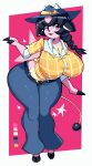  anthro bella_stella_(nickzilla) belt big_breasts big_ears black_hair black_nose blue_bottomwear blue_clothing blue_jeans blue_pants bottomwear bovid breasts clothing cosmic_background cowboy_hat cowgirl_outfit denim denim_bottomwear denim_clothing female generation_2_pokemon gesture hair hand_gesture hat headgear headwear hi_res hooves horn jeans mammal miltank nintendo nupi pants pink_body pointing pokemon pokemon_(species) smile smiling_at_viewer solo square star_accessory starry_background thick_thighs wide_hips yellow_underbelly 
