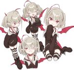  1girl ahoge animal_ear_legwear ankle_boots anze_nna asymmetrical_legwear badge bag bare_shoulders belt_collar between_legs black_boots black_jacket black_skirt black_thighhighs blush boots button_badge cat_ear_legwear closed_eyes closed_mouth collar collarbone colored_tips cropped_legs cropped_torso demon_wings dyed_ahoge fangs full_body grey_hair hair_between_eyes hand_on_own_chin handbag holding holding_microphone jacket jewelry looking_ahead looking_at_viewer makaino_ririmu makaino_ririmu_(2nd_costume) medium_hair microphone miniskirt mismatched_legwear multicolored_hair multiple_views necklace nijisanji off-shoulder_jacket off_shoulder one_eye_closed open_mouth pointy_ears red_bag red_collar red_eyes red_streaks red_wings shoulder_bag sidelocks simple_background sitting skin_fangs skirt sleeves_past_fingers sleeves_past_wrists smile standing strap_slip streaked_hair striped_clothes striped_thighhighs thighhighs twintails virtual_youtuber wariza white_background white_thighhighs wings zettai_ryouiki zipper zipper_pull_tab 