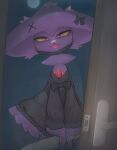 2025 bandage bandage_on_face bandage_on_nose bandaged_finger black_bow black_clothing black_dress black_mask bodily_fluids chest_gem clothed clothed_female clothing cutlery daz1319 door doorway dress eyelashes female front_view full_moon gem generation_4_pokemon head_tilt hi_res holding_knife holding_object humanoid inside kitchen_knife kitchen_utensils knife long_sleeves looking_at_viewer mask medical_instrument mismagius moon night nintendo not_furry open_door open_mouth pink_tongue pokemon pokemon_(species) pupils purple_body red_eyes red_gem saliva saliva_on_tongue saliva_string scientific_instrument slit_pupils solo spirit star surgical_mask tongue tools yellow_sclera