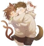  &gt;_&lt; 1boy 2girls animal_ear_fluff animal_ears animal_on_shoulder arms_around_back arms_around_neck ass_peek ayase_momo black_pants black_skirt blush brown_hair cat cat_ears cat_girl cat_on_shoulder cat_tail closed_eyes closed_mouth comimingming commentary_request couple cowboy_shot crossed_bangs dandadan dog_boy dog_ears earrings fang forked_tail from_side furrowed_brow glasses grey_hoodie hair_between_eyes hetero highres hood hood_down hoodie hug jewelry kemonomimi_mode korean_commentary maneki-neko matching_outfits medium_hair miniskirt multiple_girls open_mouth pants parted_bangs pleated_skirt round_eyewear short_hair skirt smile tail takakura_ken_(dandadan) turbo_granny_(dandadan) upper_body white_background 