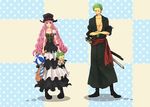  1girl cross doll dress drill_hair flower frilled_dress frills hat highres kumacy kuta_(maka) long_hair one_piece perona pink_hair purple_eyes red_flower red_rose roronoa_zoro rose scar stuffed_animal stuffed_toy sword tattoo top_hat watch weapon wristwatch 